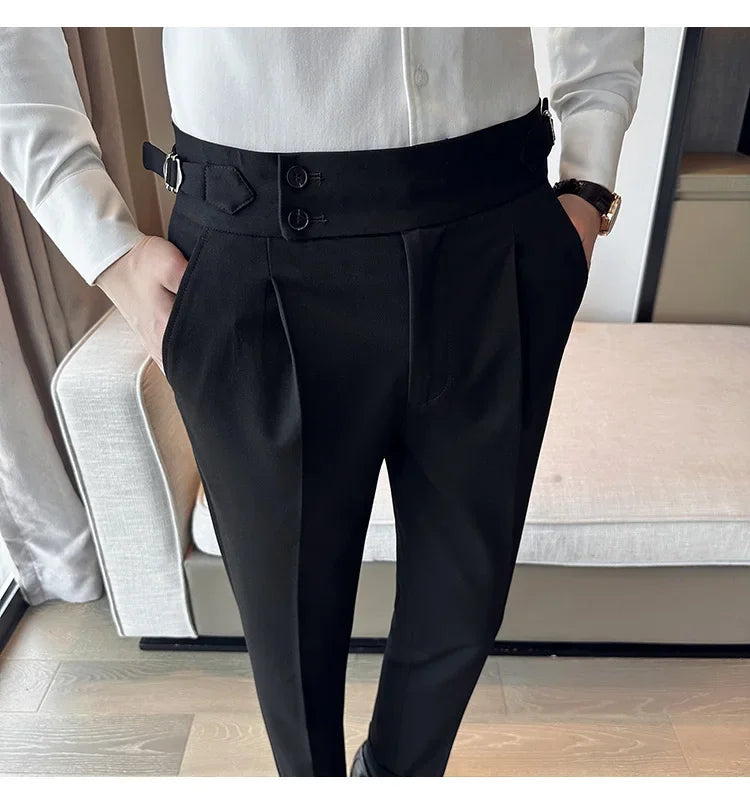 Autumn Winter High Waist Business Dress Pants Men Casual Belt Design Slim Suit Pants Formal Wedding Social Party Male Trousers