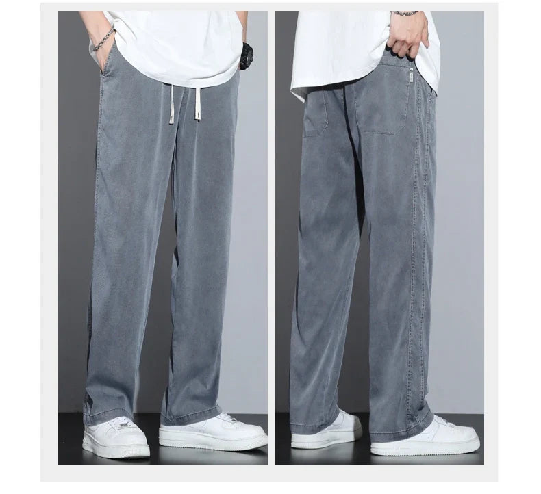 Summer Soft Lyocell Fabric Men's Jeans Thin Loose Straight Pants Drawstring Elastic Waist Korea Casual Trousers Plus Size M-5XL