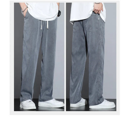 Summer Soft Lyocell Fabric Men's Jeans Thin Loose Straight Pants Drawstring Elastic Waist Korea Casual Trousers Plus Size M-5XL