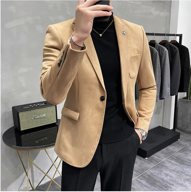 Men's Deerskin Fleece Suit Jacket 2025 Spring New High Quality Single Button Slim Fit Business Casual Suit Coat  Men Clothing