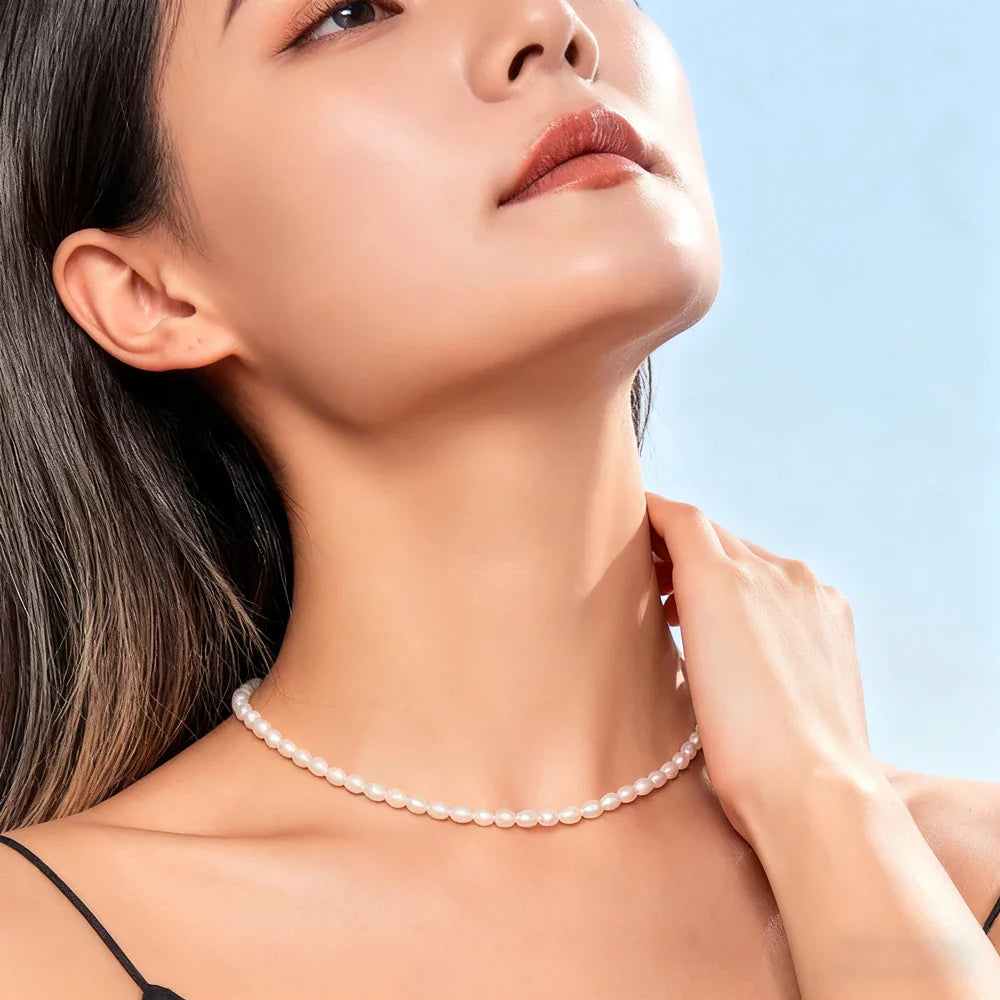 Small Size 4.5-5.5mm Natural Freshwater White Pearl Necklace Rice Shape Fashion S925 Silver Jewelry for Women Girls