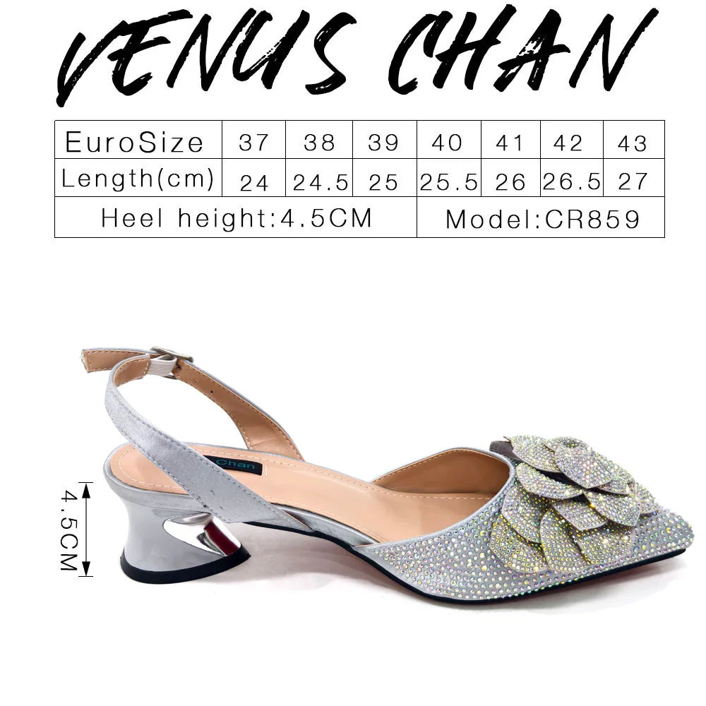 Evening Shoes and Bags Set with Full Diamond Handmade Petal Clutches Pointed Toe Peach Color Mid-Heel Women Shoes