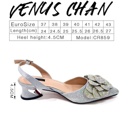 Italian Design Evening Shoes And Bags Paired With Handmade Petal Gold Colour Pointed Toe Mid-Heel Shoes For Women Party Shoes