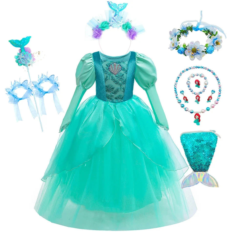 Girls Mermaid Dress Ariel Long Sleeves Cosplay Halloween Costume Kids Fluffy Tulle Shell Applique Frocks Elegant Gown