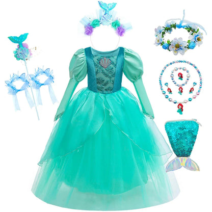 Girls Mermaid Dress Ariel Long Sleeves Cosplay Halloween Costume Kids Fluffy Tulle Shell Applique Frocks Elegant Gown