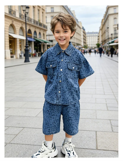 Trend Kids Boy Summer Leopard Denim Suit Two Piece Outfit Set y2k Denim Shirt And Shorts Clothing Set for Baby Child Streetwear