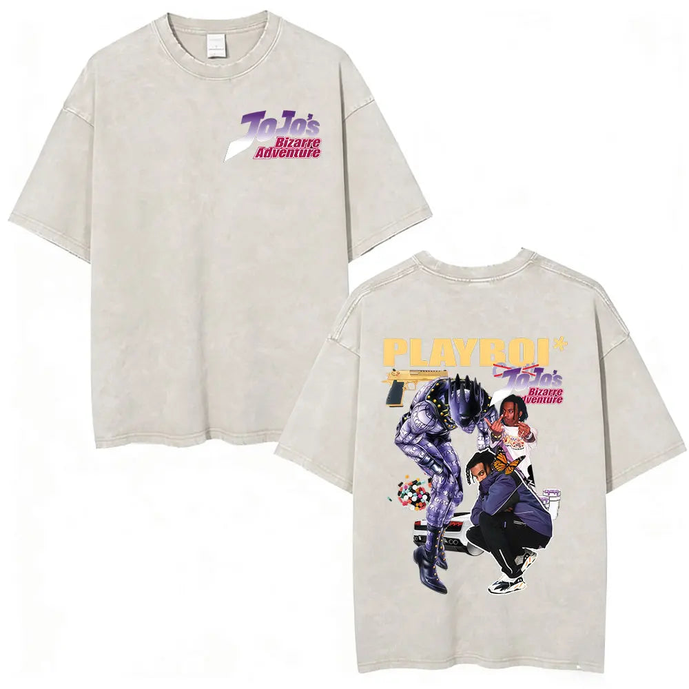 Anime Jojo Bizarre Adventure STEEL BALL RUN Manga Vintage Acid Washed T Shirt Men Women Casual Short Sleeves T-shirt Streetwear