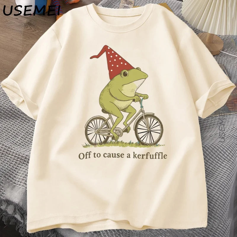 Off To Cause A Kerfuffle Frog T-Shirt Funny Weirdcore Sayings Unique Tshirt Adults Joker Men Women Graphic Tee Male Summer Tops