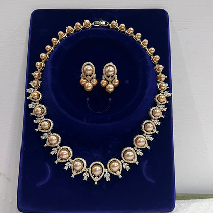 Luxury Round Shape Gold Color Pearl Necklace 2 Pieces Set , Bridal Wedding Dubai Saudi Jewelry for Women's Party