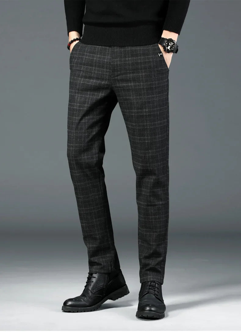 Autumn New Men's Plaid Striped Business Casual Pants Classic Fashionable Straight Elastic Casual Trousers Black Gray Male
