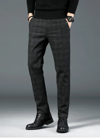 Autumn New Men's Plaid Striped Business Casual Pants Classic Fashionable Straight Elastic Casual Trousers Black Gray Male