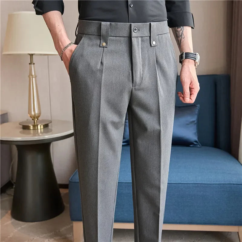 Mens Suit Pants 2026 Spring New British Style Elastic Waist Solid Casual Formal Dress Pants Slim Fit Trousers for Men Clothing