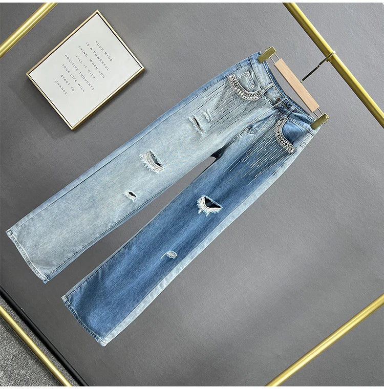 High Waist Wide Leg Jeans Women's Summer Loose Slimming Diamond Embedded Long Pants Break Hole Denim Pants Hong Kong Sle ...