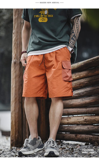 Summer Men Straight Shorts Orange Patchwork Gingham Loose Beach Pants Plus Size Shorts Elastic Waist Light Breathable