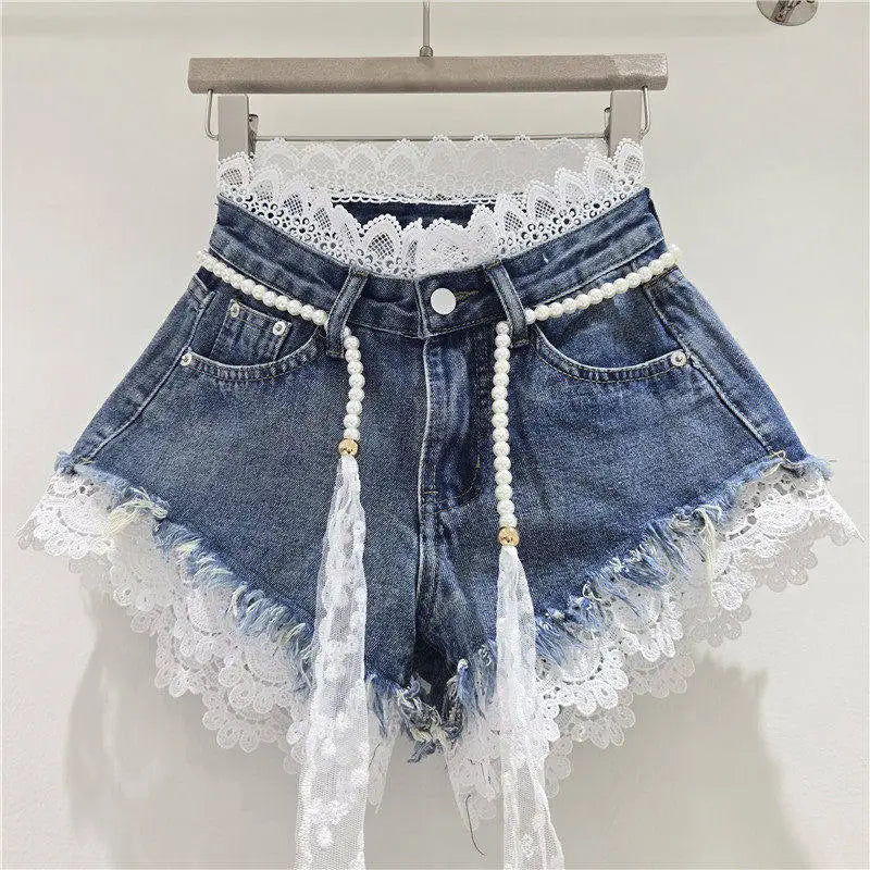 American Crochet Lace Denim Shorts With Pearl Sashes Summer Casual Fashion Women's Sweet Lace Patchwork Fringed Hot Jeans