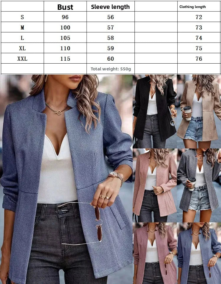 Commute Style Simple Design Woolen Suit Coat Pink Lapel Open Cardigan Short Length Polyester Fiber Women's Fashion Outerwear