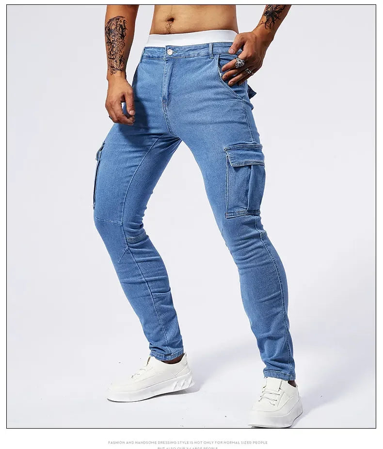 Slim Fit Large Pocket Jeans Cargo Pants for Men Fashionable Casual Hip Hop Stretch Denim Long Pants Male Streetwear Track Pants