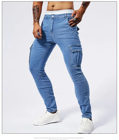 Slim Fit Large Pocket Jeans Cargo Pants for Men Fashionable Casual Hip Hop Stretch Denim Long Pants Male Streetwear Track Pants
