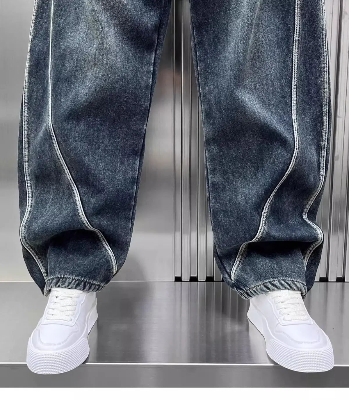 Spring Autumn 2025 New Splicing Cutting Elastic Waist Large Size Boys Washed Loose Wide Leg Big Pocket Scimitar Drawstring Jeans