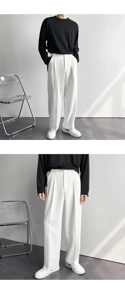2024 Spring Autumn Men's Fashionable White Korean Style Casual Pants Street Draped Straight Loose Suit Casual Trousers Male