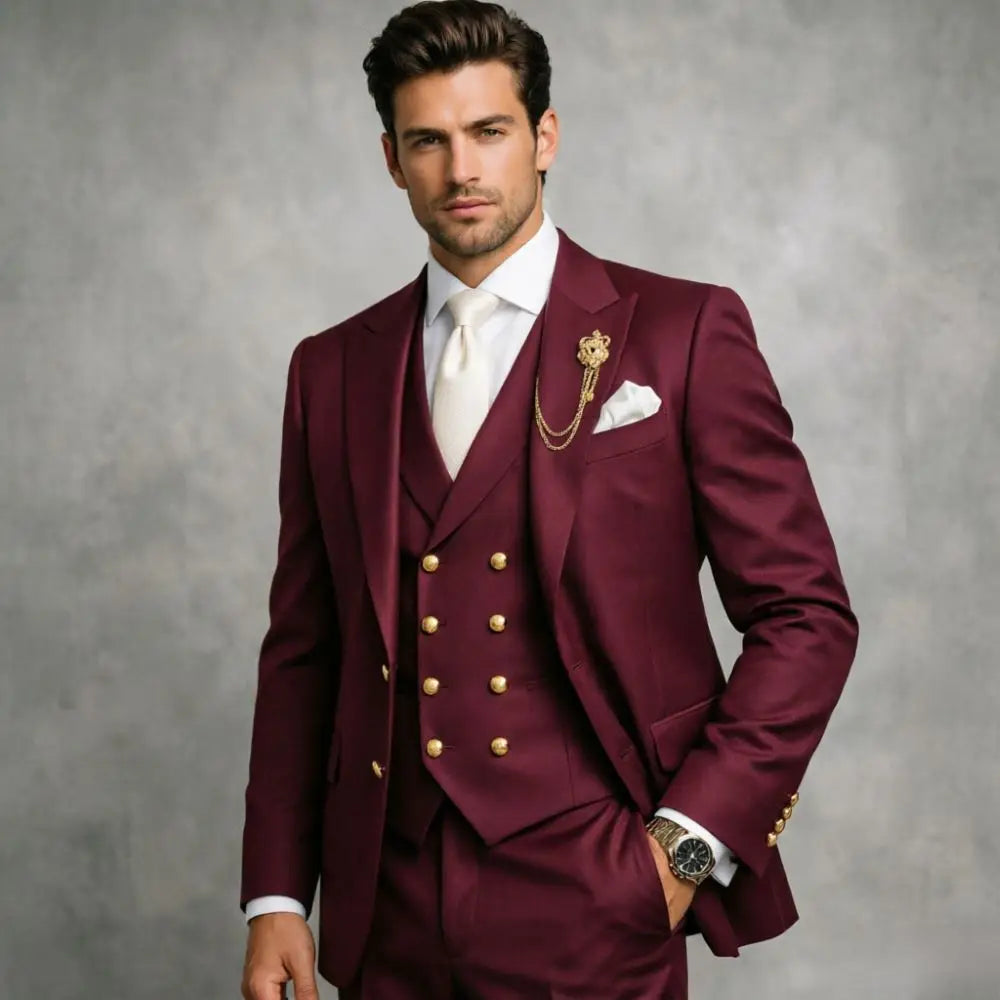 Mens White 3 Pieces Slim Fit Wedding Tuxedo Gold Buttons Peak Lapel Vest Formal Blazer Pants Groom Prom Office Evening Wear