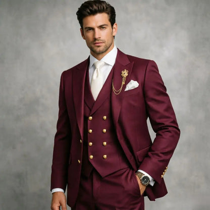 Mens White 3 Pieces Slim Fit Wedding Tuxedo Gold Buttons Peak Lapel Vest Formal Blazer Pants Groom Prom Office Evening Wear
