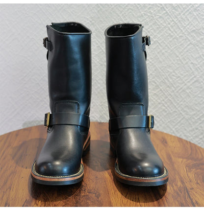 Retro American Motorcycle Boots Long Tube Genuine Leather Engineer Boots Men Knight Style Boots Outdoor Youth Fashion Boots