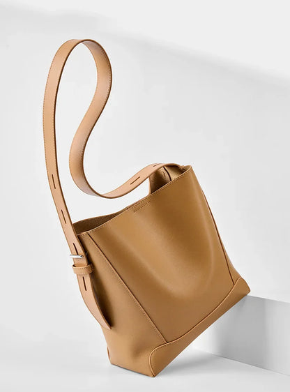 Ladies' Split Leather Bucket Shoulder Bags Female Commute Shopping Messenger Bags Adjustable Shoulder Strap Women Casual Handbag