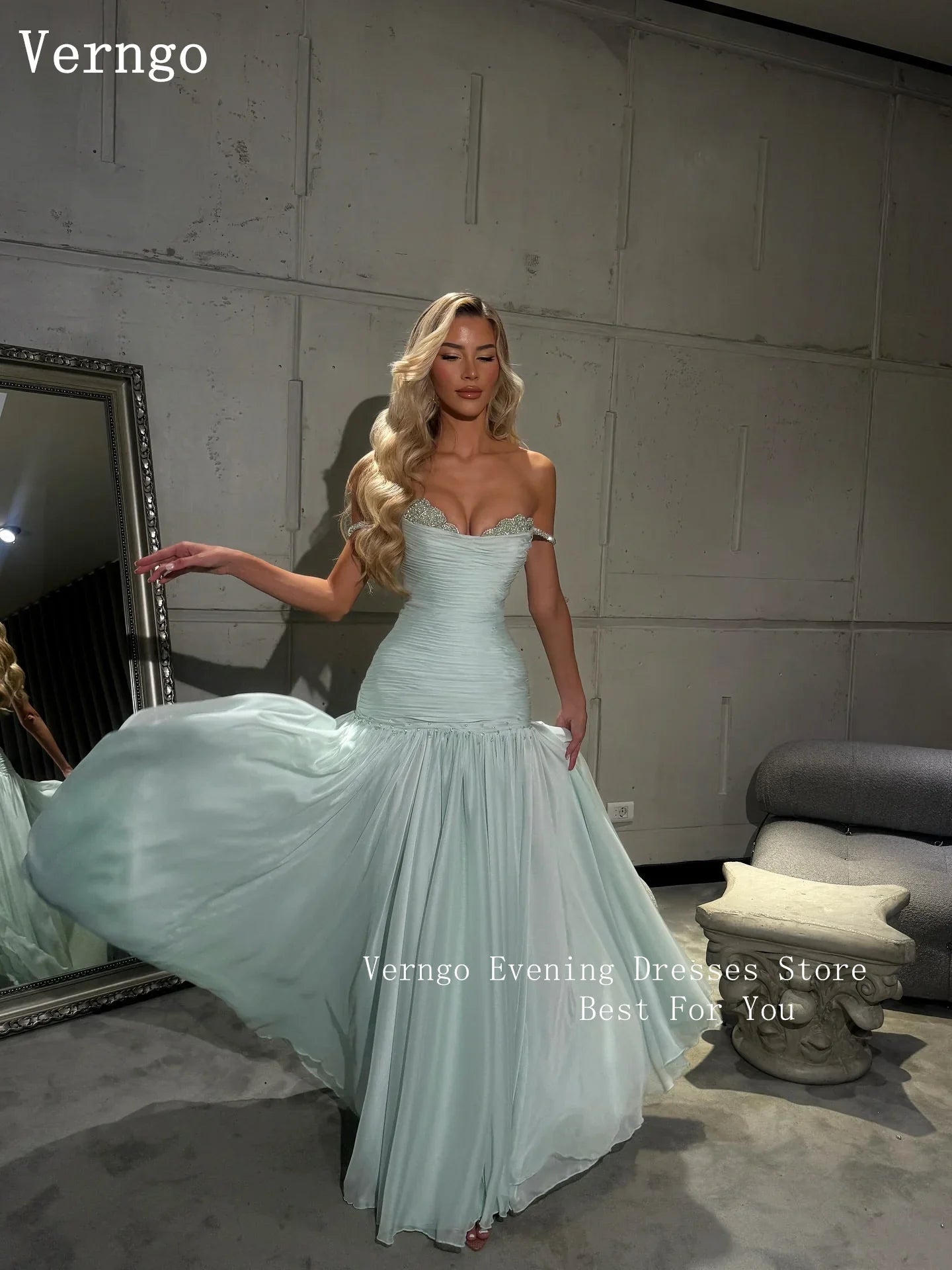 Blue Chiffon Evening Dress Off The Shoulder Mermaid Party Dresses Appliques Prom Dresses 2026Customized شارون سعيد