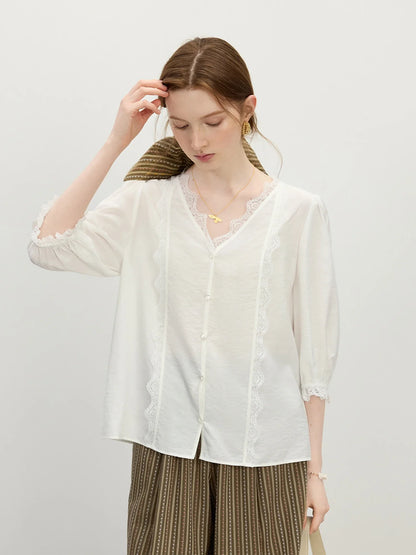 2025 Summer Women's Artisan Lace V-Neck Blouse - Navy Blue Romantic Design & Lightweight Chiffon for Chic Occasions