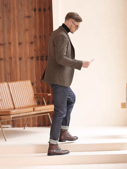 Autumn and Winter Thickeneded Retro Coarse Woolen Suit Business Casual British Style Herringbone Pattern Suit Jacket for Men