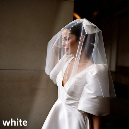 Puff Sleeve Deep V Satin Mini Wedding Dress A Line Bridal Gown Bow Veil Civil Elopement Bride Reception Custom Fit Ceremony Wear
