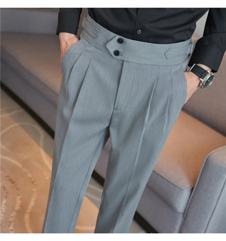 British Style Autumn New High Waist Trousers Men Belt Design Slim Fit Suit Pants Office Social Wedding Party Formal Pants Hommes