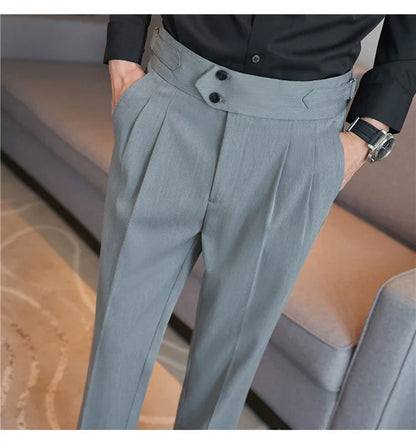 British Style Autumn New High Waist Trousers Men Belt Design Slim Fit Suit Pants Office Social Wedding Party Formal Pants Hommes