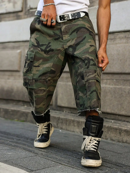 Men's summer denim shorts. Camouflage cargo pants. Multi - pocket design. Street fashion trend. Daily leisure