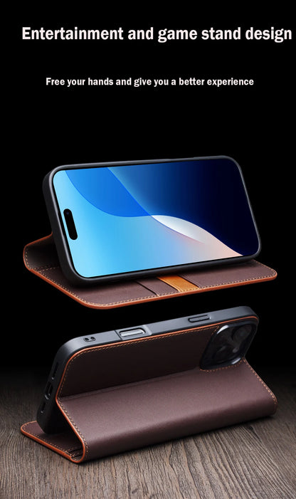 Genuine Leather Flip Case for iPhone 17 Plus Handmade Fashion Cover with Card Slots for iPhone 16 15 14 13 Pro Max 17Air