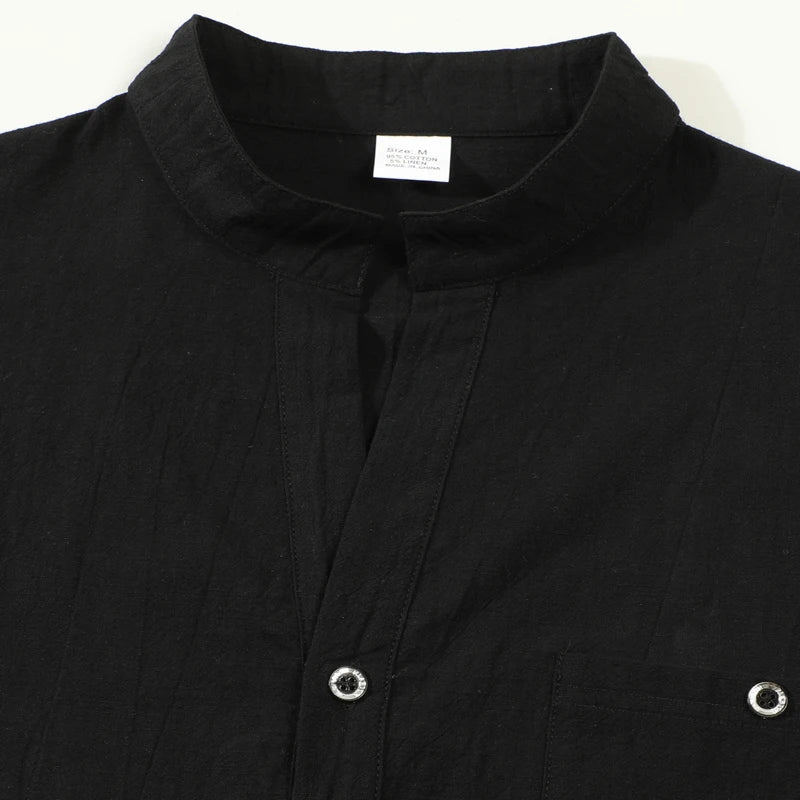 Men Mandarin Collar Long Sleeve Henley Cotton Linen Shirt Chest Pocket Breathable Beach Travel Daily Casual V Neck Top