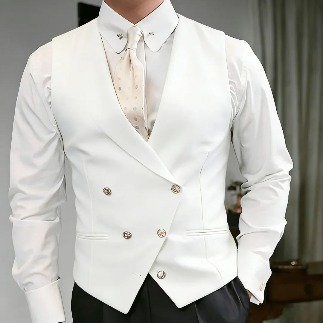 Men Vest White Double Button Solid With Lapel Waistcoat For Wedding Birthday Banquet Party Business Work Daily Men Suit Vest