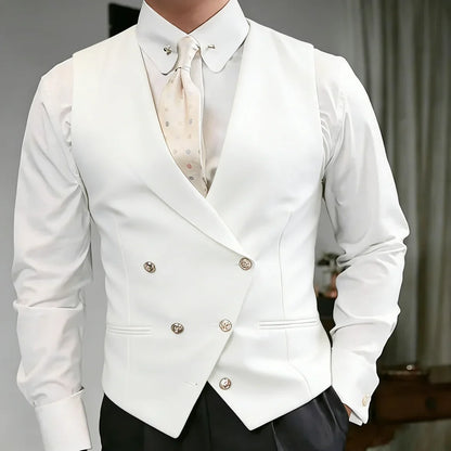 Men Vest White Double Button Solid With Lapel Waistcoat For Wedding Birthday Banquet Party Business Work Daily Men Suit Vest