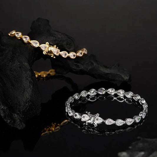 Bracelet de Tennis en Moissanite Zirconie Taille Poire Plaqué Or 18K pour Femmes Hommes, Pierres 4*6mm, Chaîne de Mariage Luxe en Argent Pur S925