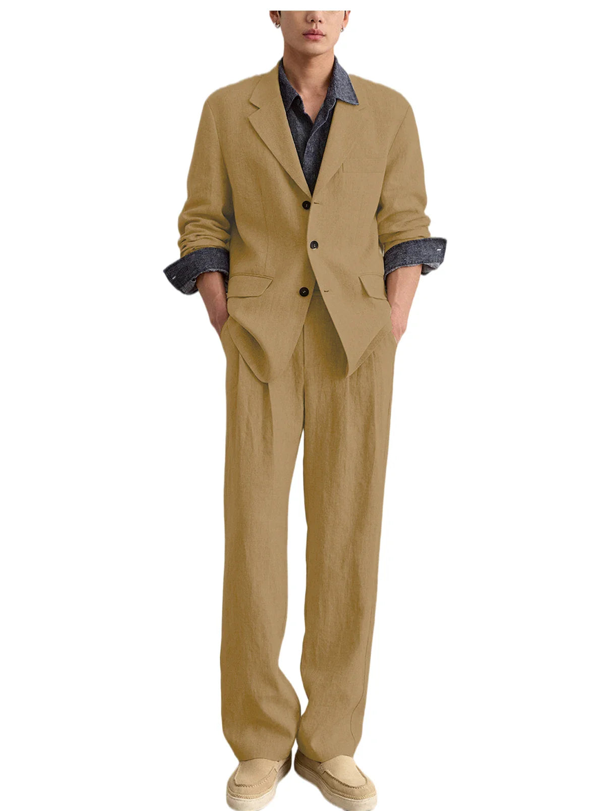 Men's Linen 2 Piece Set Notched Lapel Loose Fit Blazer Wide Leg Trousers Lightweight Breathable Spring Business Casual DailyWear