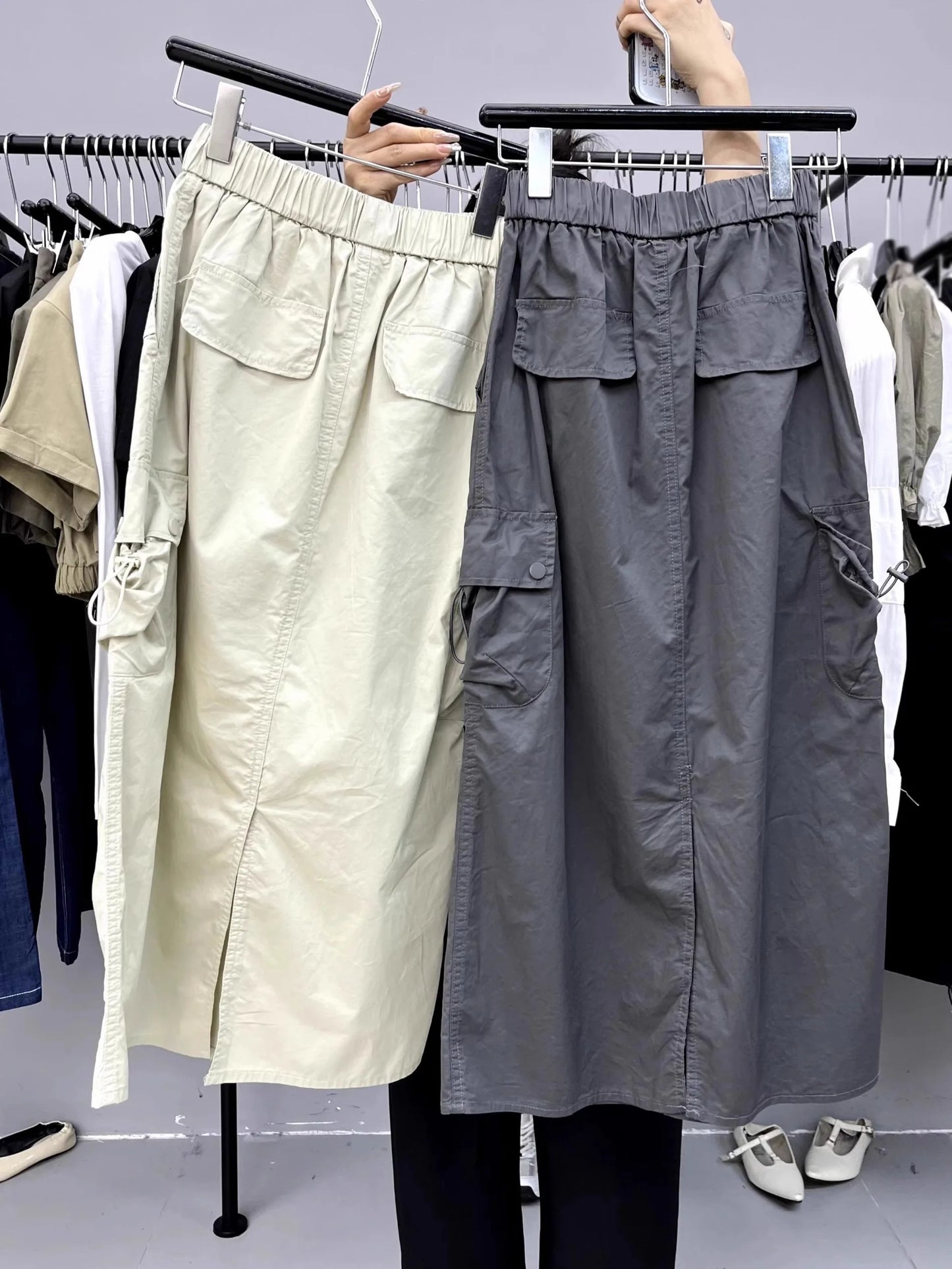 Vintage Skirts for Women American Fashion High Waist Back Slit Cargo Skirt Streetwear All-match Pockets Trendy Harajuku Chic New