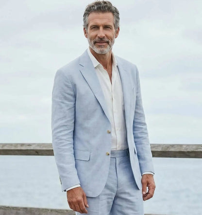 Men's linen casual men's beach party business suit two-piece wedding tailcoat set with split collar suit jacket and pants