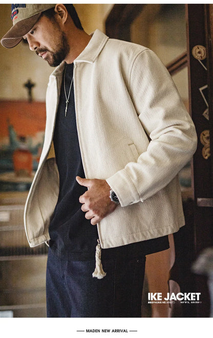 Men's Vintage White Jacket Heavyweight Cotton Turn-Down Collar Zip-Up Short Outwear Canvas Fitted Fit Spring Autumn Coat
