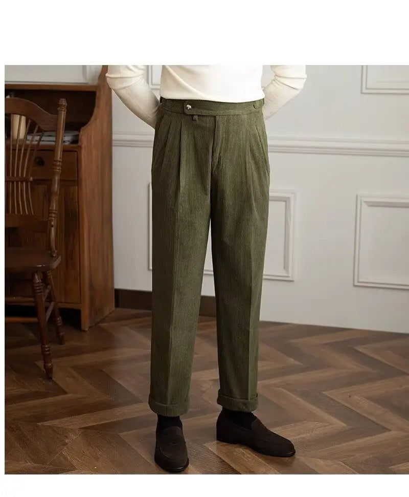 Classics Italian Naples Style Men's Suit Corduroy Pants Men High Waist Straight Work Formal British Business Brand Trousers Male