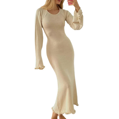 Women's Autumn Winter Knitted Bodycon Dress Long Sleeve Tie Backless Round Neck Solid Color Ruffle Trim Long Dress Beachwear