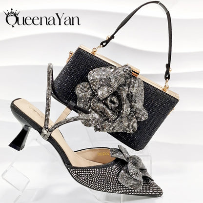 2025 Large Flower Design Shoes & Bag Nigerian Coffee Color Women's Stiletto Shoes For Special Good Time INS Style