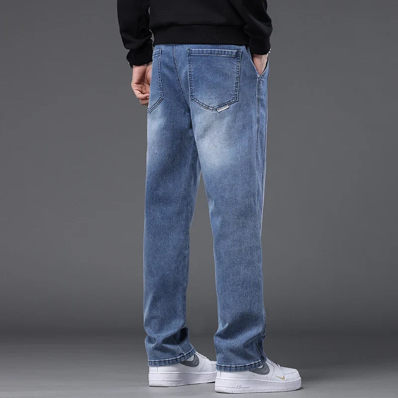 Autumn Winter Blue Jeans Men Drawstring Elastic Waist Cotton Cargo Denim Pants Work Fashion Thick Trousers Male Plus Size M-4XL