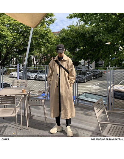 Spring Autumn Long Oversized Black Khaki Trench Coat Men Raglan Sleeve Single Breasted Loose Casual Korean Fashion