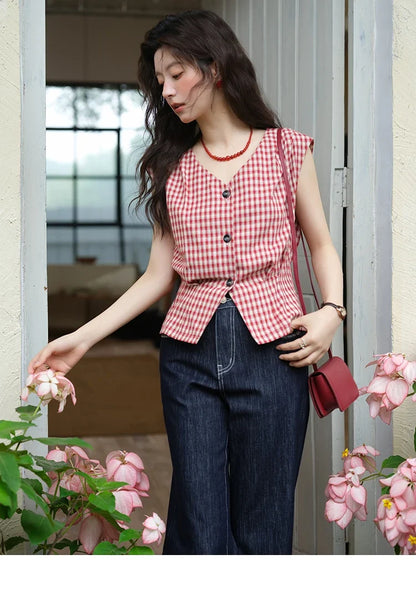 Women's Fashion V-neck Shirt 2026 Summer New Plaid Ladies Red Button Shirt Casual Retro Top Female Clothing MXE37X1921